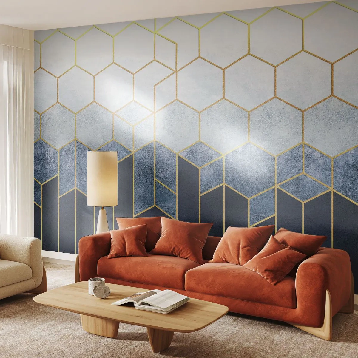 Papier Peint Photo Premium Sand - Motif géométrique avec des hexagones et des lignes dorées - 100x70cm - Composition en rythme syncopé - Décoration murale moderne pour le salon et la chambre ARTTOR