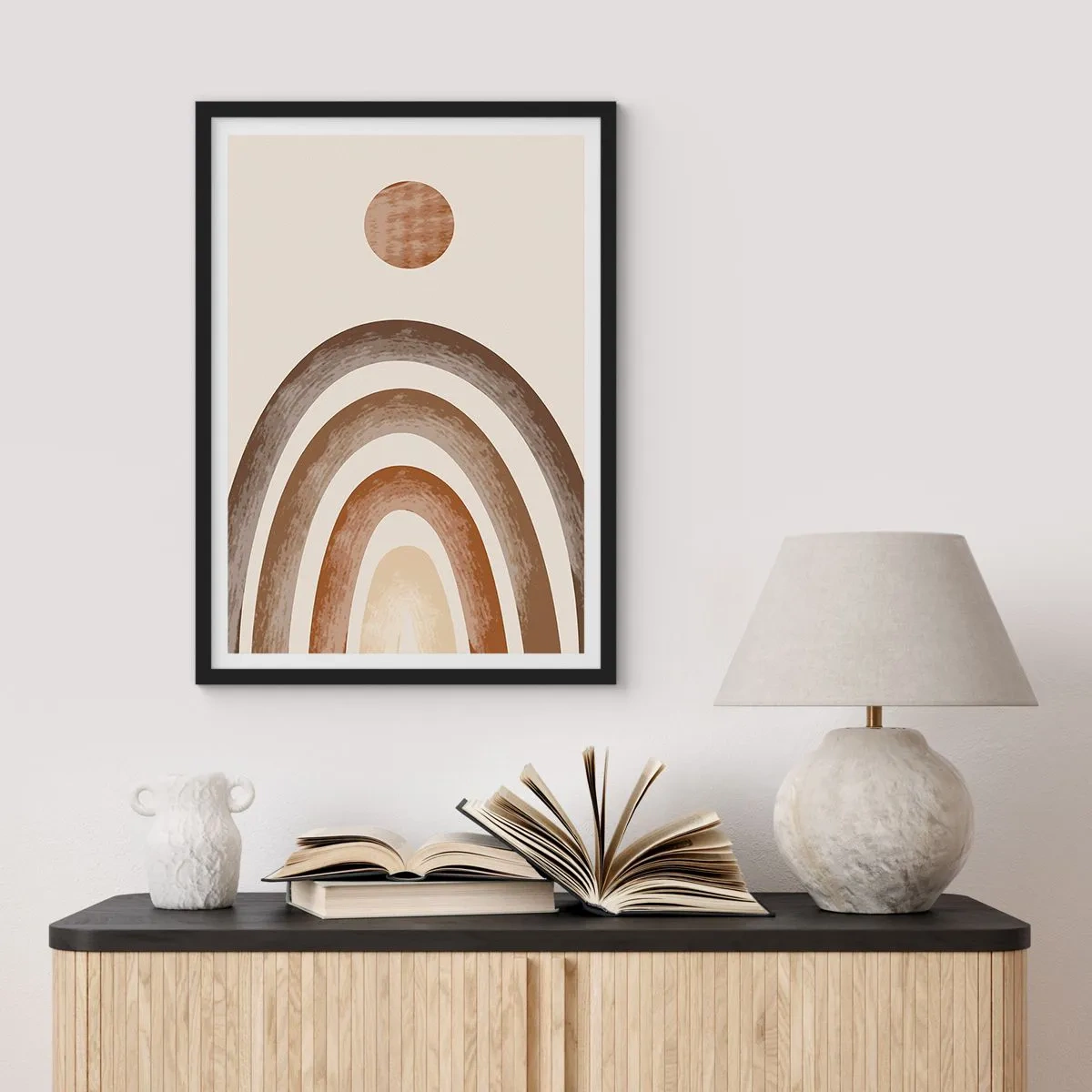 Affiche dans un cadre noir - Poster - Motif abstrait d'arches et de soleil dans des tons terreux - 50x70cm - Dans une galaxie lointaine - Décoration murale moderne pour le salon et la chambre ARTTOR