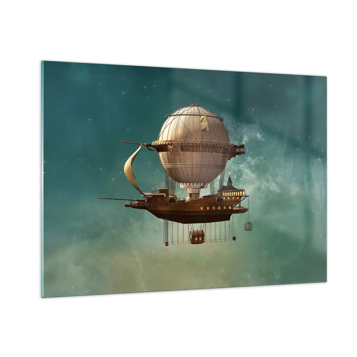 Impression sur verre - Image sur verre - Un dirigeable volant avec une maison de style rétro dans le ciel - 100x70cm - Jules Verne vous salue - Décoration murale moderne pour le salon et la chambre ARTTOR