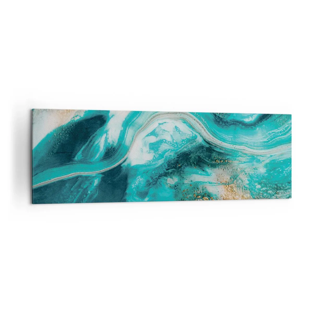 Impression sur toile - Image sur toile - Abstraction turquoise avec des accents blancs et dorés - 160x50cm - Rivière d'or - Décoration murale moderne pour le salon et la chambre ARTTOR