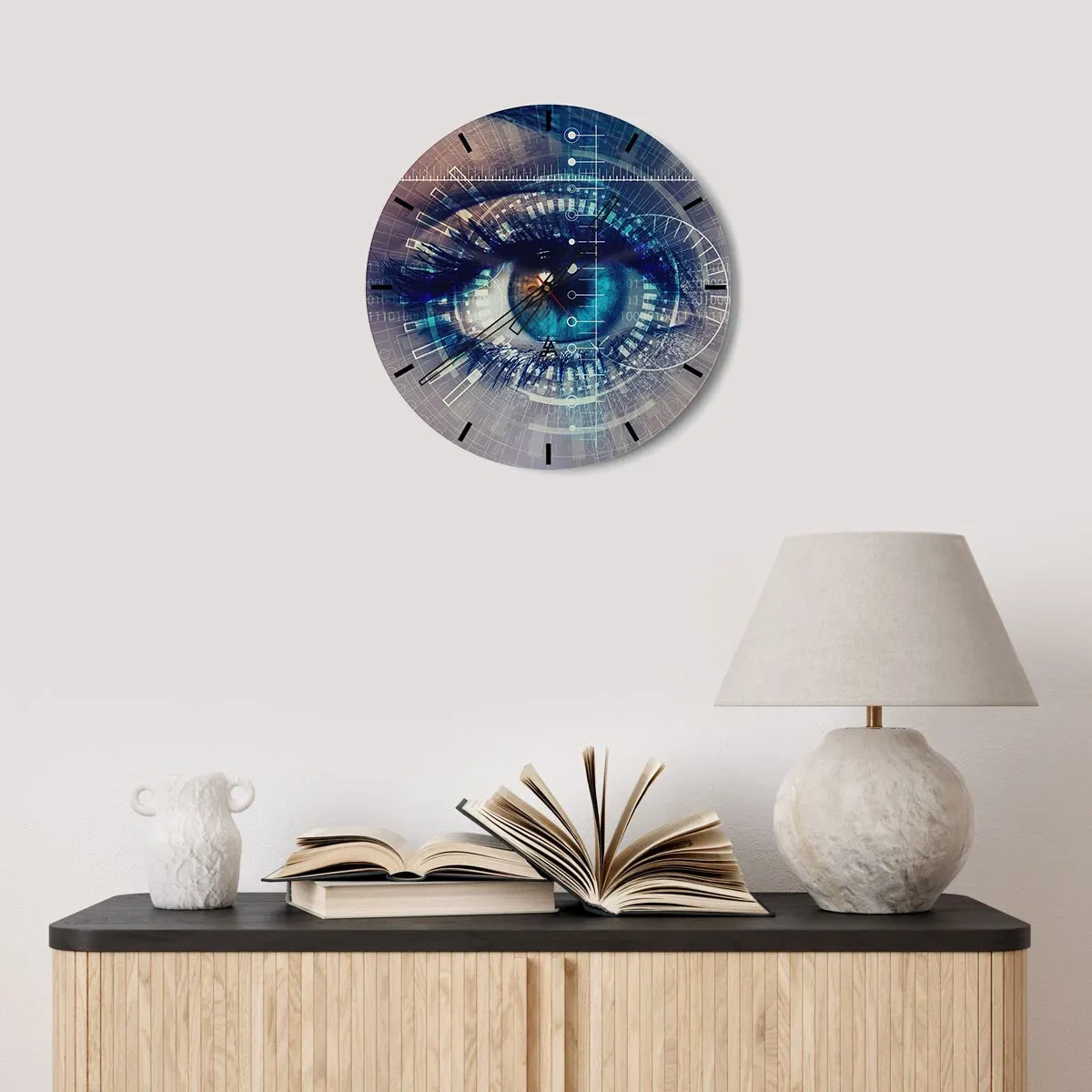 Horloge murale - Pendule murale - Un œil entouré de graphiques numériques - 30x30cm - Tu penses que tu me connais - Décoration murale moderne pour le salon, la cuisine et la chambre ARTTOR