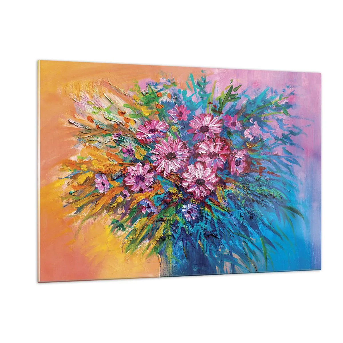 Impression sur verre - Image sur verre - Un bouquet de fleurs roses dans une composition artistique et colorée - 120x80cm - Énergie de la vie - Décoration murale moderne pour le salon et la chambre ARTTOR
