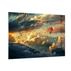 Impression sur verre - Image sur verre - Un ballon flottant au-dessus des montagnes parmi les nuages au coucher du soleil - 100x70cm - Je vole parce que je veux - Décoration murale moderne pour le salon et la chambre ARTTOR