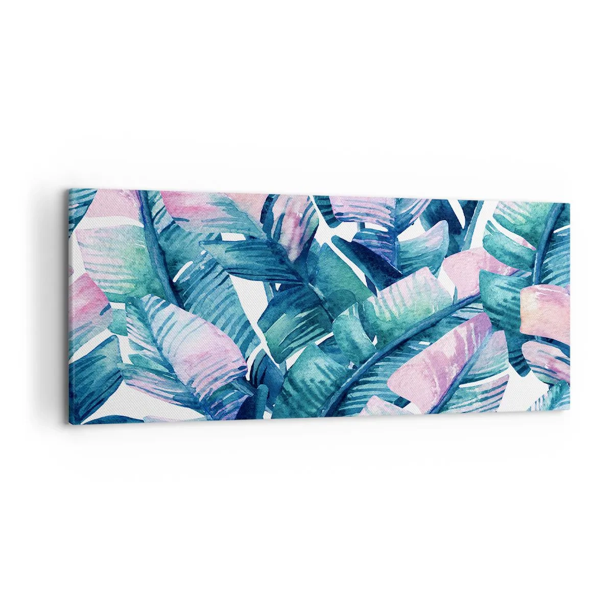 Impression sur toile - Image sur toile - Feuilles de bananier dans les tons bleu et rose - 120x50cm - Dans une bananeraie - Décoration murale moderne pour le salon et la chambre ARTTOR