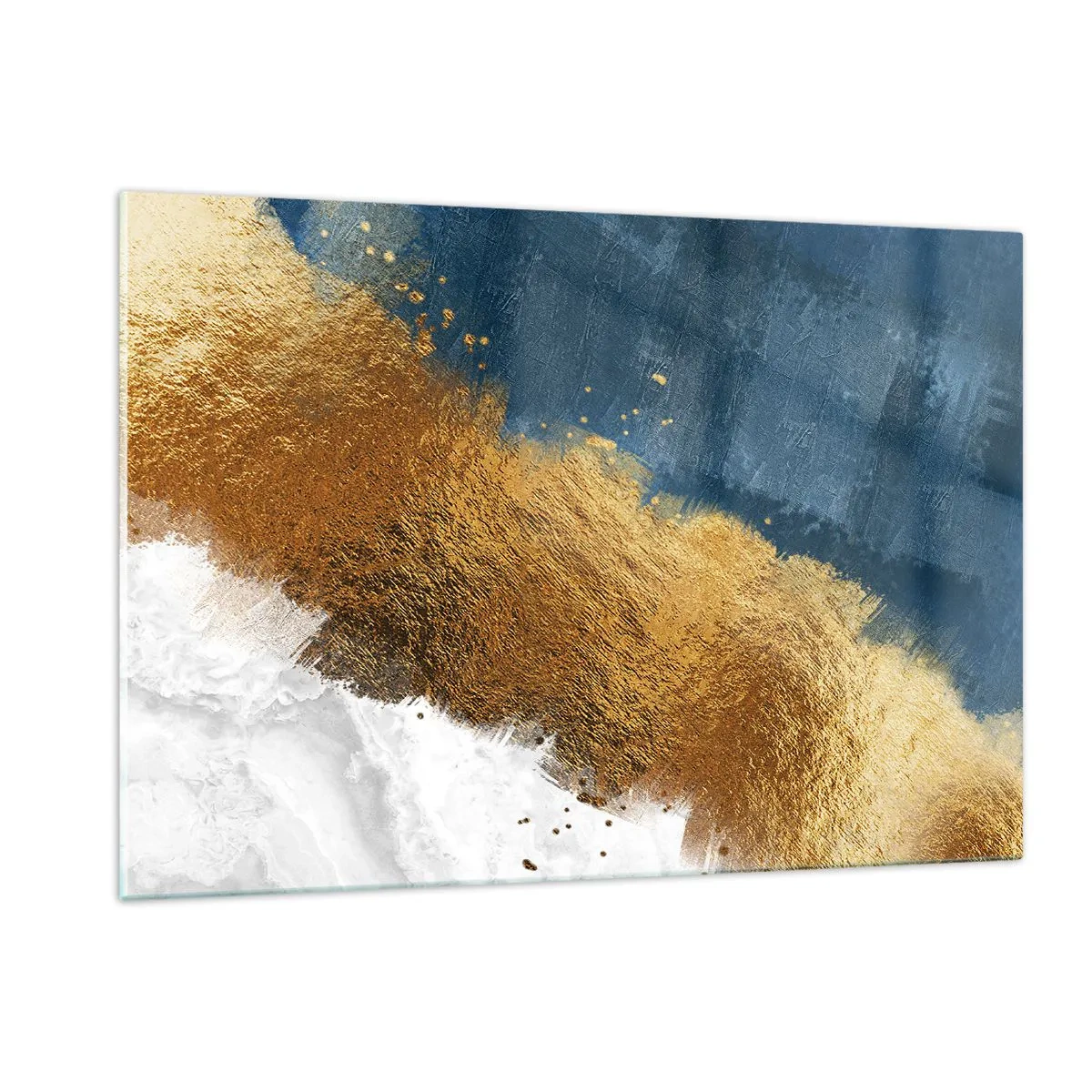Impression sur verre - Image sur verre - Coups de peinture dorés sur fond bleu marine et blanc - 120x80cm - Les couleurs de l’été - Décoration murale moderne pour le salon et la chambre ARTTOR