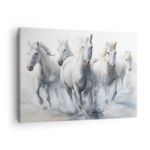 Impression sur toile - Image sur toile - Des chevaux blancs galopent dans l'eau - 70x50cm - Magie blanche - Décoration murale moderne pour le salon et la chambre ARTTOR