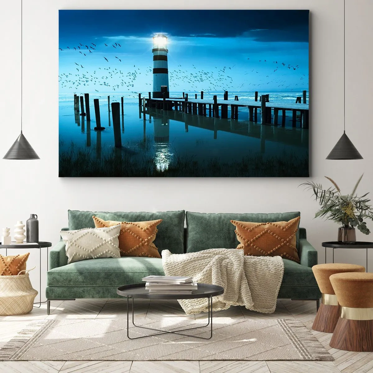 Impression sur toile - Image sur toile - Le phare de la jetée illuminé la nuit - 70x50cm - Et tu n'as pas peur du noir - Décoration murale moderne pour le salon et la chambre ARTTOR