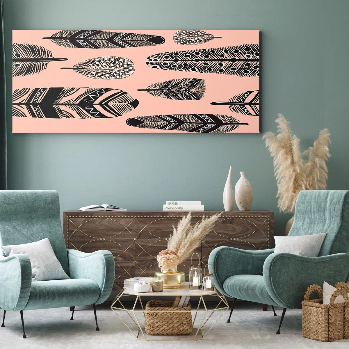 Impression sur toile - Image sur toile - Plumes décoratives sur fond clair - 140x50cm - Collection indienne - Décoration murale moderne pour le salon et la chambre ARTTOR