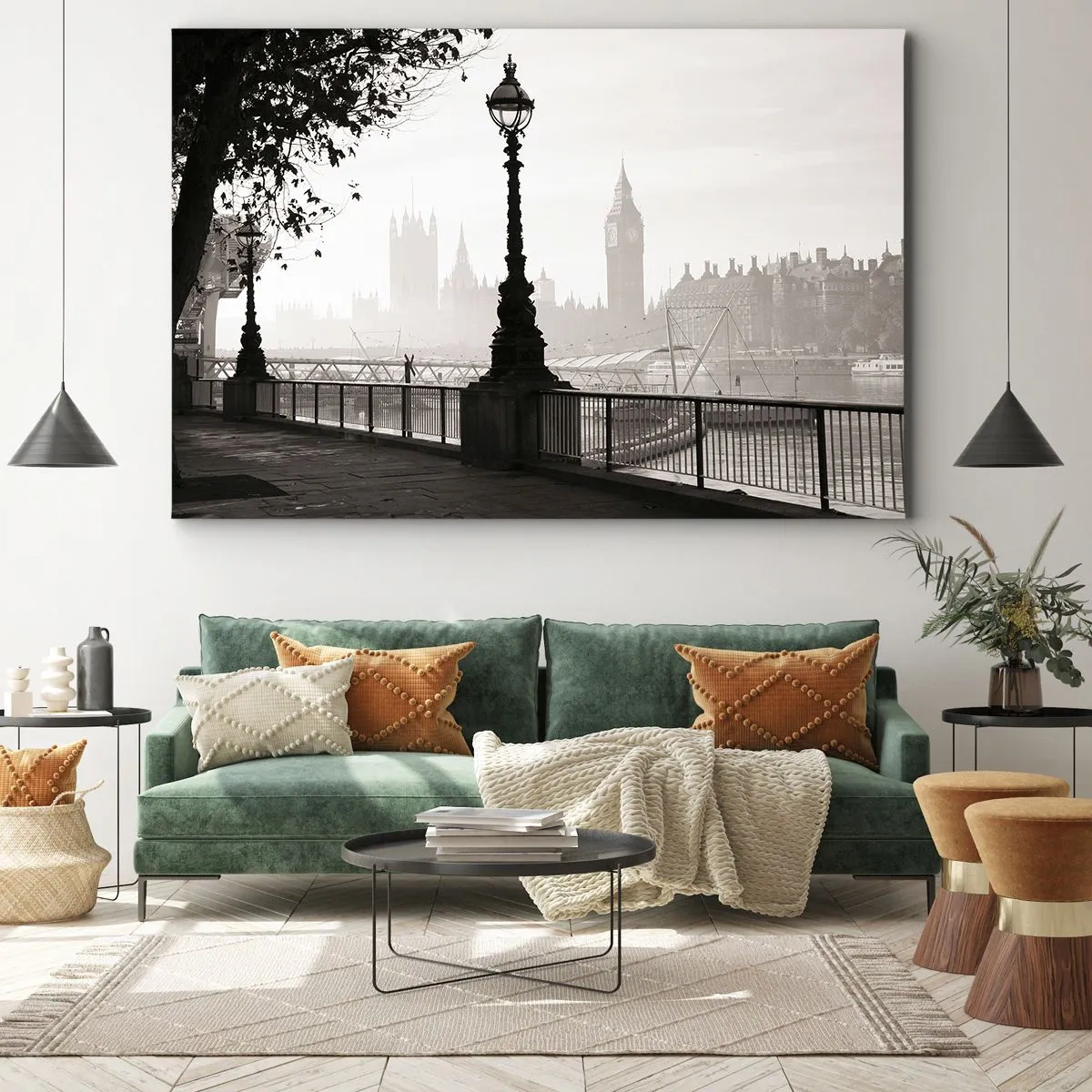 Impression sur toile - Image sur toile - Une vue monochrome de Big Ben et de la Tamise. - 120x80cm - Un matin londonien - Décoration murale moderne pour le salon et la chambre ARTTOR