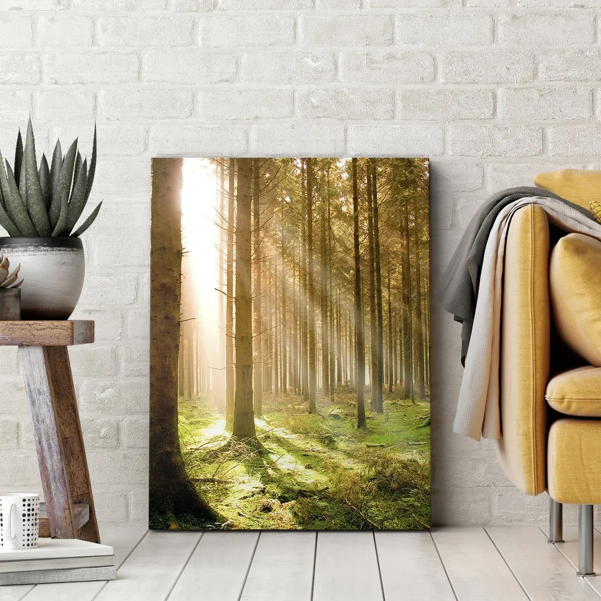 Impression sur toile - Image sur toile - Forêt de conifères avec les rayons du soleil qui brillent à travers les arbres - 50x70cm - Les elfes vont bientôt apparaître - Décoration murale moderne pour le salon et la chambre ARTTOR