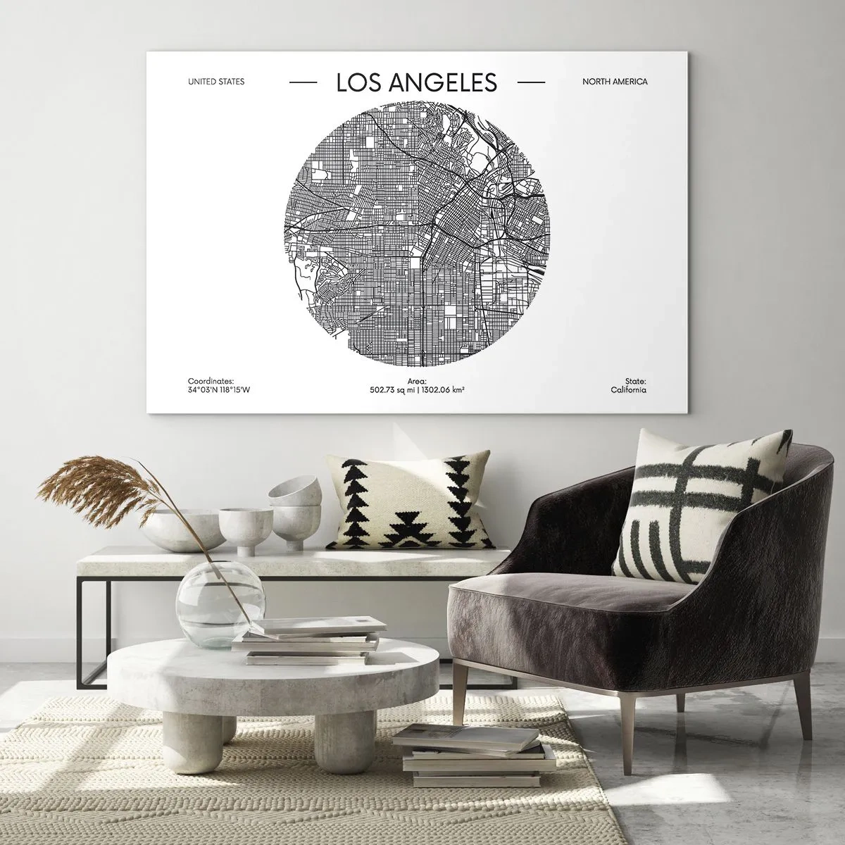Impression sur verre - Image sur verre - Une carte minimaliste en noir et blanc de Los Angeles. - 120x80cm - Anatomie de Los Angeles - Décoration murale moderne pour le salon et la chambre ARTTOR