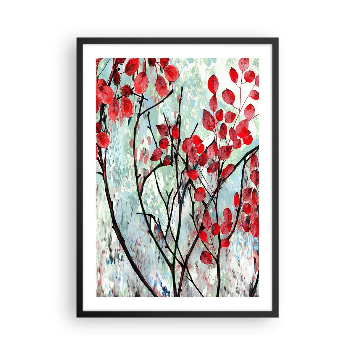 Affiche dans un cadre noir - Poster - Feuilles rouges sur un fond texturé abstrait - 50x70cm - Arbre en écarlate - Décoration murale moderne pour le salon et la chambre ARTTOR