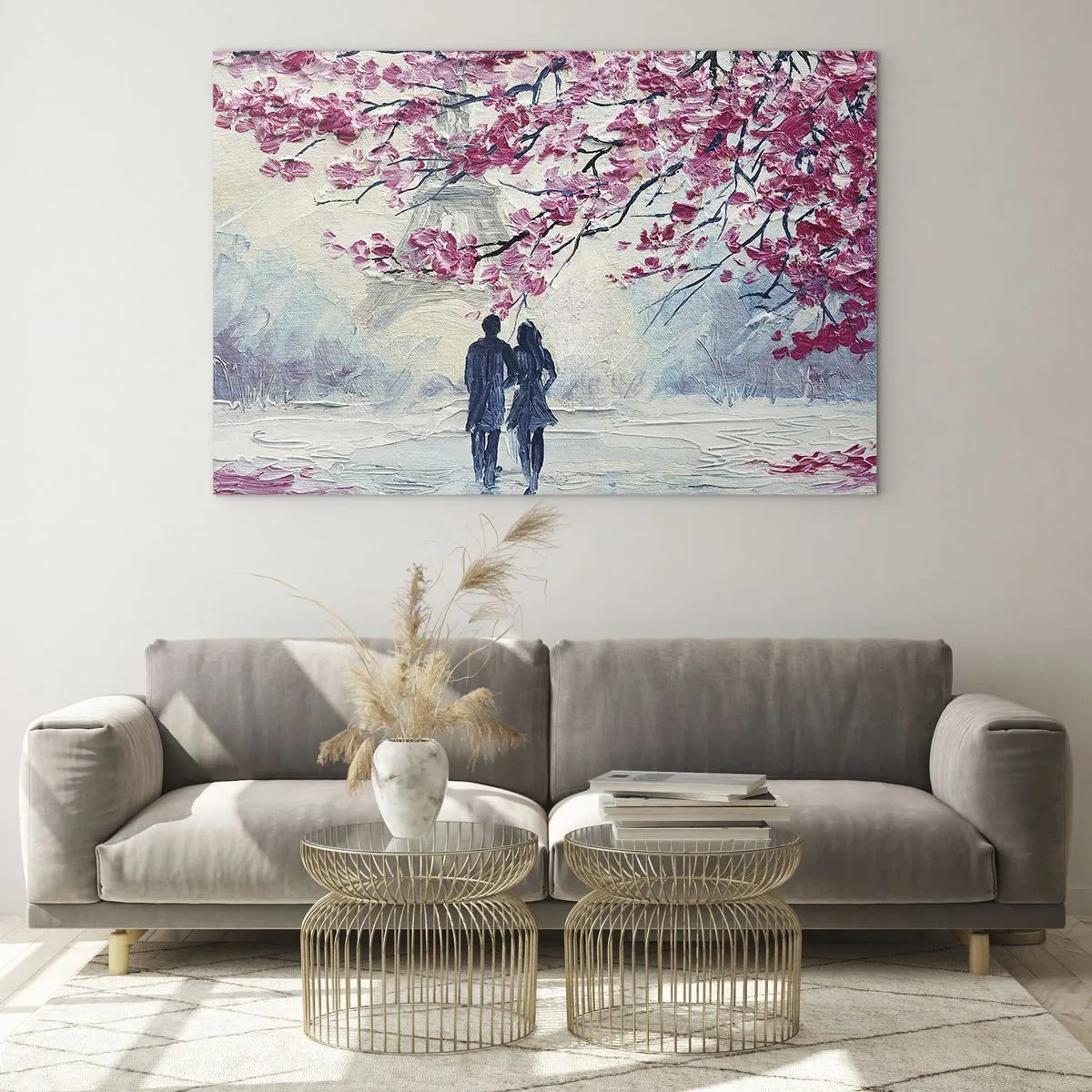 Impression sur verre - Image sur verre - Un couple se promenant sous des arbres en fleurs - 100x70cm - Ballade romantique - Décoration murale moderne pour le salon et la chambre ARTTOR