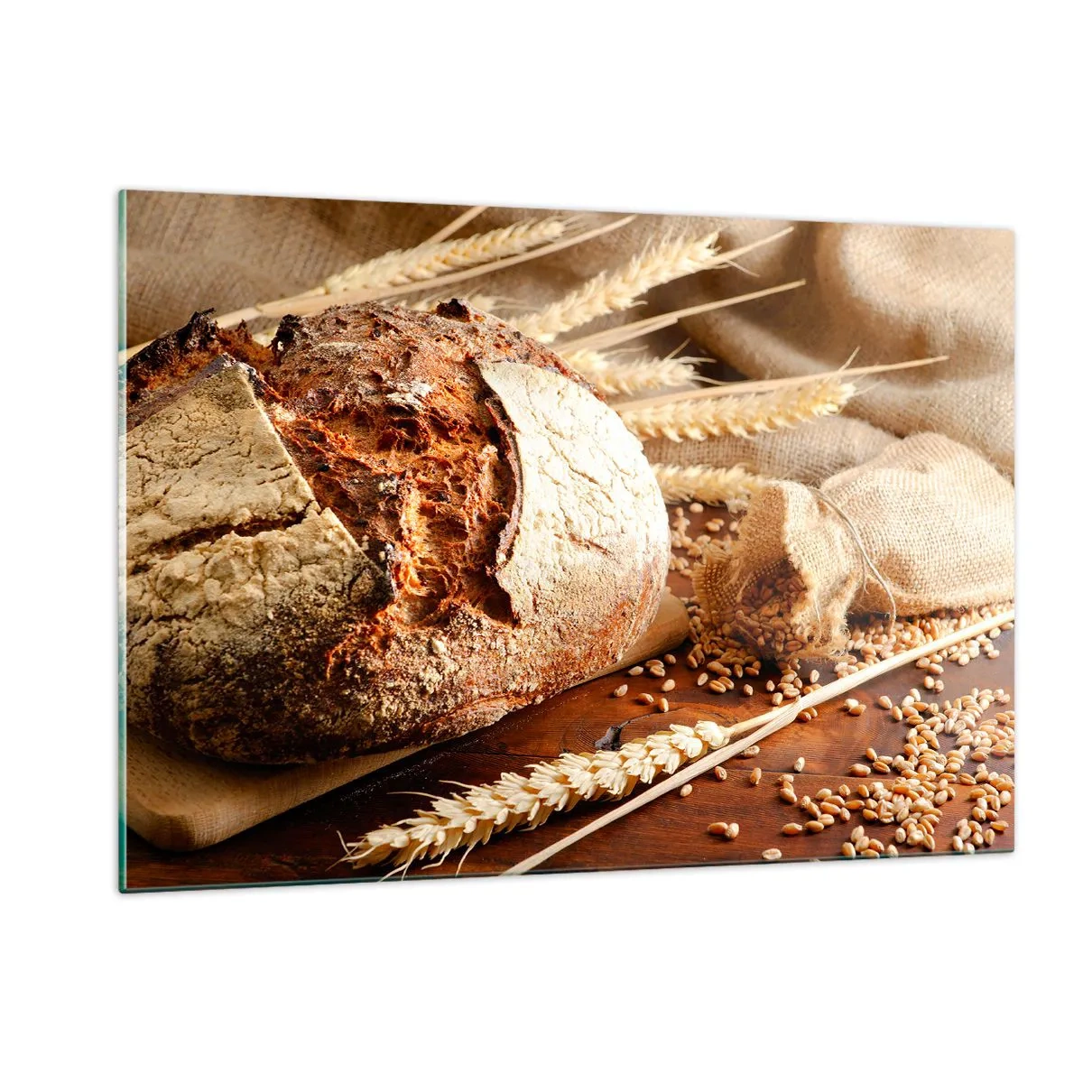 Impression sur verre - Image sur verre - Pain sur une planche avec des épis de blé et des sacs de céréales - 120x80cm - Appétissant, parfumé, croquant - Décoration murale moderne pour le salon et la chambre ARTTOR