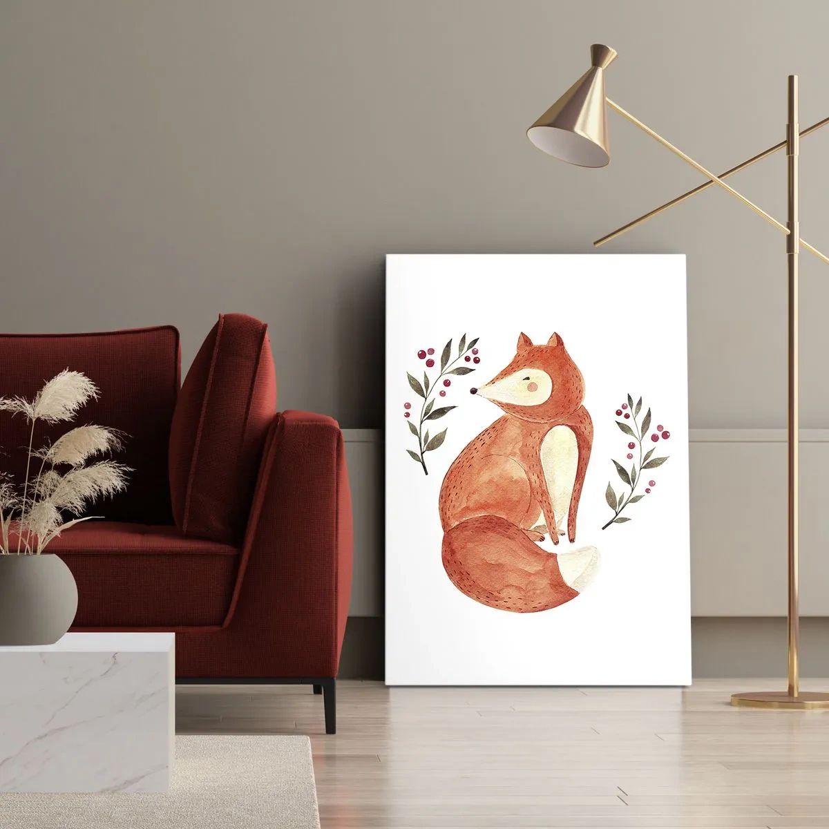 Impression sur toile - Image sur toile - Un renard aquarelle entouré de brindilles avec des baies - 50x70cm - Petit rouquin - Décoration murale moderne pour le salon et la chambre ARTTOR