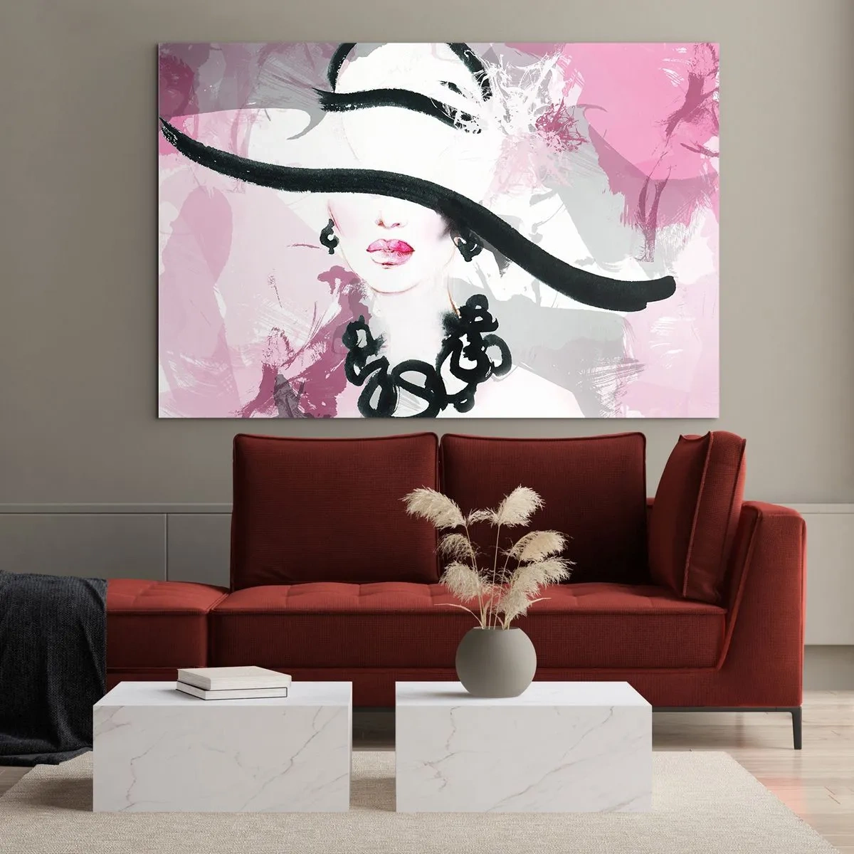 Impression sur verre - Image sur verre - Portrait d'une femme au chapeau noir sur fond rose - 120x80cm - Portrait d'une dame en noir et rose - Décoration murale moderne pour le salon et la chambre ARTTOR
