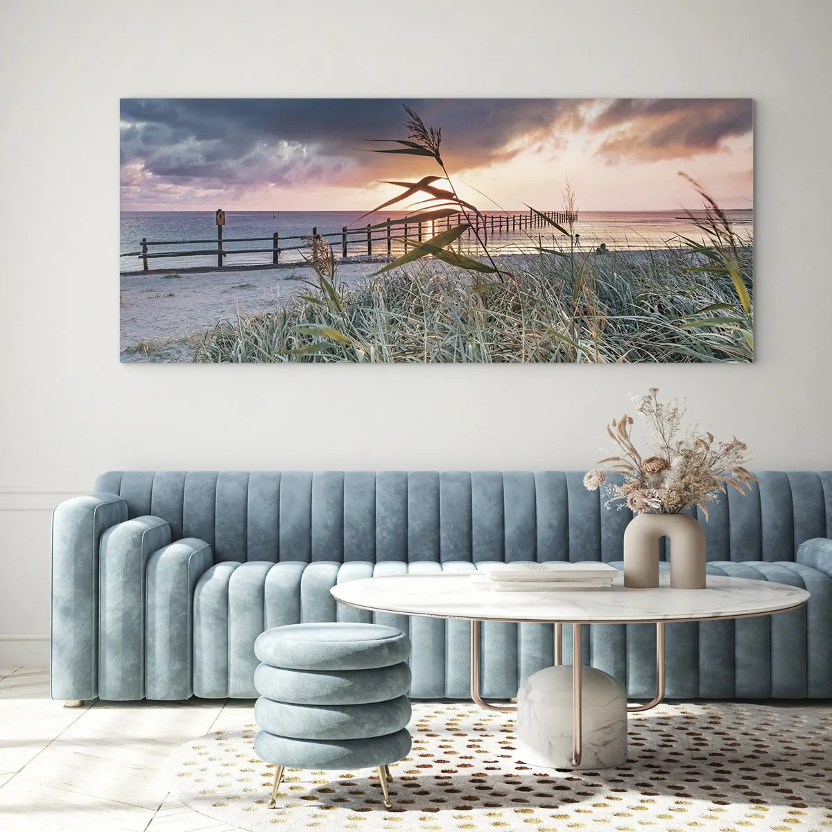 Impression sur verre - Image sur verre - Plage au coucher du soleil avec des herbes au premier plan - 140x50cm - Ça ne passe pas avec le vent - Décoration murale moderne pour le salon et la chambre ARTTOR