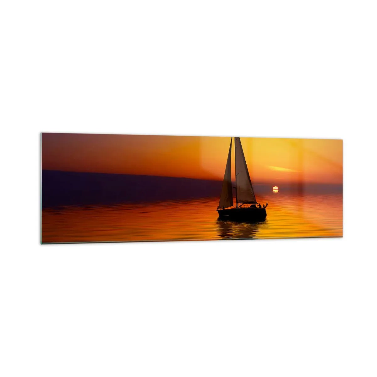 Impression sur verre - Image sur verre - Un voilier sur une mer calme au coucher du soleil - 160x50cm - Comme c'est calme au crépuscule… - Décoration murale moderne pour le salon et la chambre ARTTOR