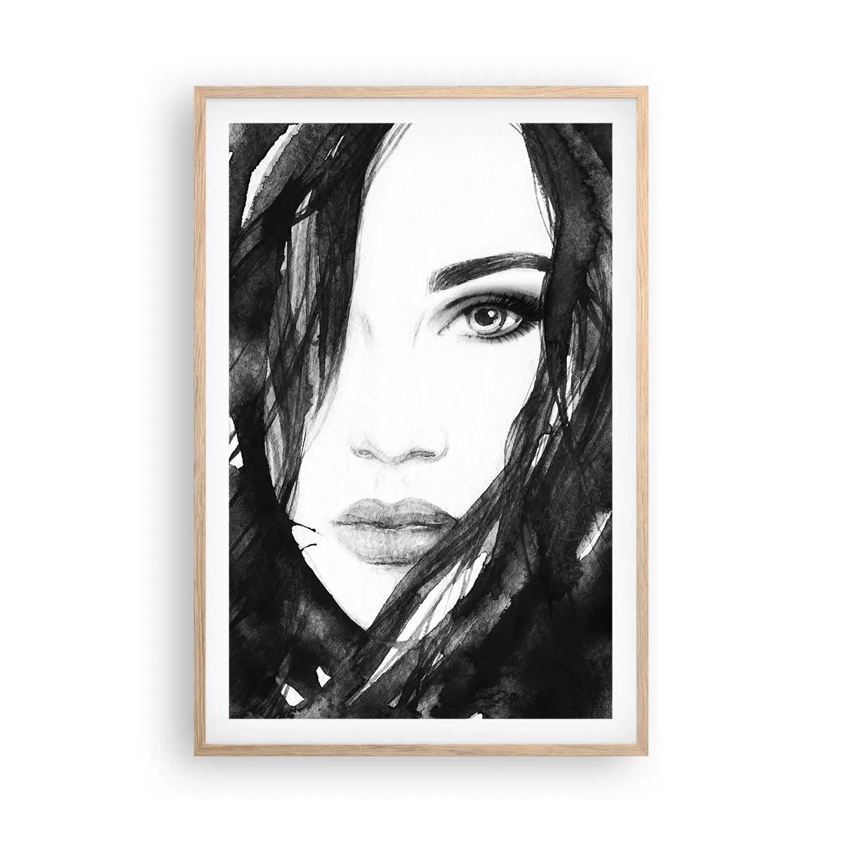 Affiche dans un chêne clair - Poster - Portrait d'une dame en noir et blanc - 61x91 cm