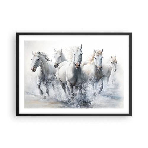 Affiche dans un cadre noir - Poster - Des chevaux blancs galopent dans l'eau - 70x50cm - Magie blanche - Décoration murale moderne pour le salon et la chambre ARTTOR