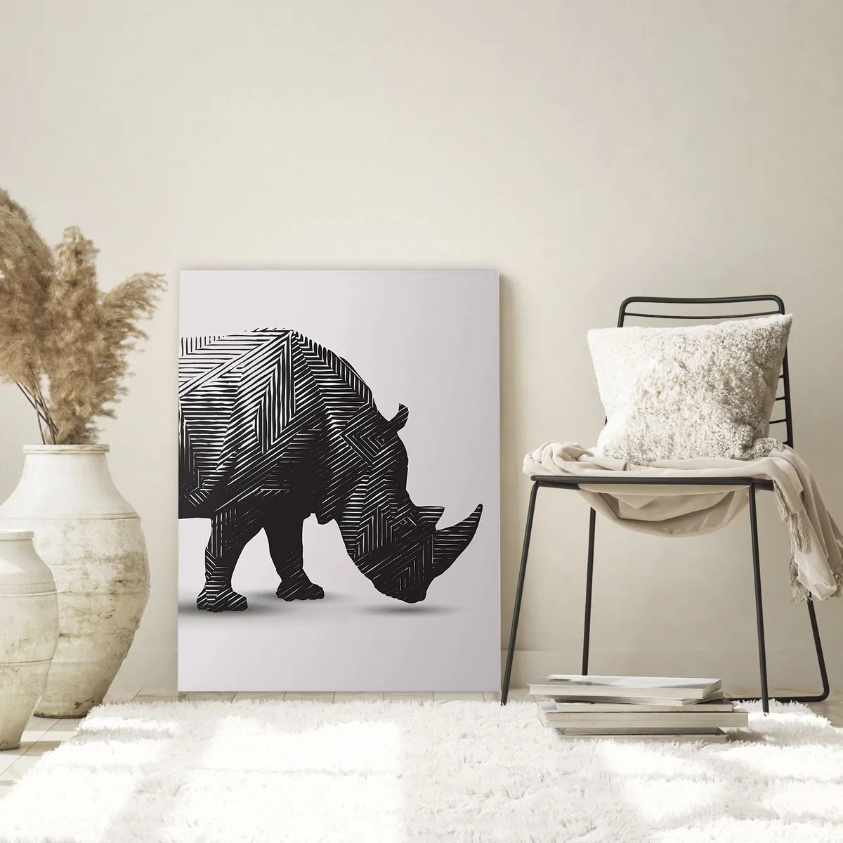 Impression sur verre - Image sur verre - Silhouette graphique d'un rhinocéros dans un motif noir et blanc - 70x100cm - Beauté géométrique de la nature - Décoration murale moderne pour le salon et la chambre ARTTOR