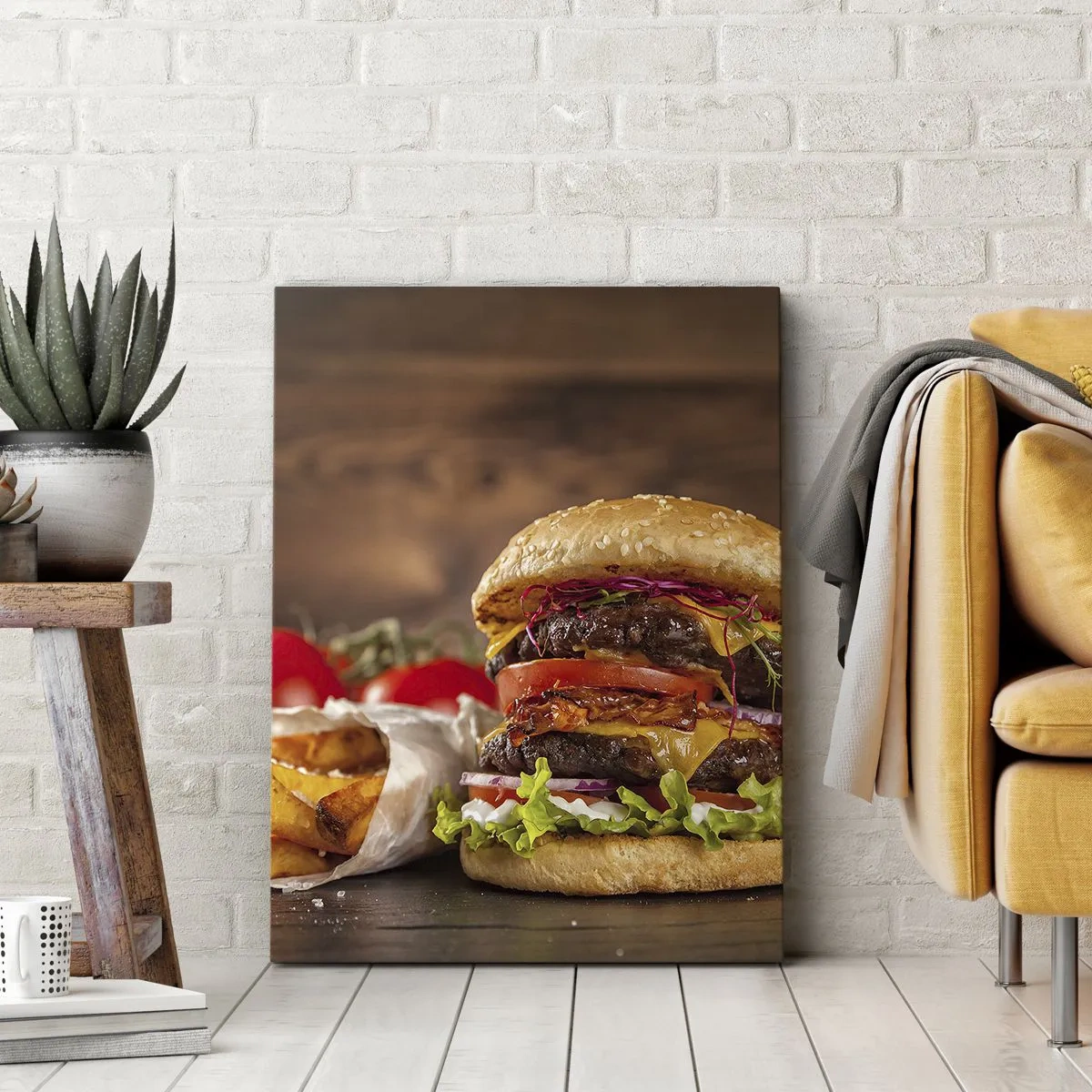 Impression sur toile - Image sur toile - Burger appétissant avec extras - 80x120cm - Le fruit défendu - Décoration murale moderne pour le salon et la chambre ARTTOR