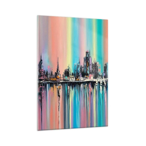 Impression sur verre - Image sur verre - Paysage urbain coloré avec reflet sur l'eau - 80x120cm - Noyé par la lumière de la nuit - Décoration murale moderne pour le salon et la chambre ARTTOR