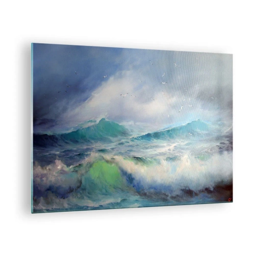 Impression sur verre - Image sur verre - Vagues océaniques agitées avec des oiseaux dans un ciel nuageux - 70x50cm - "Le tourbillon hurlait de triomphe..." - Décoration murale moderne pour le salon et la chambre ARTTOR