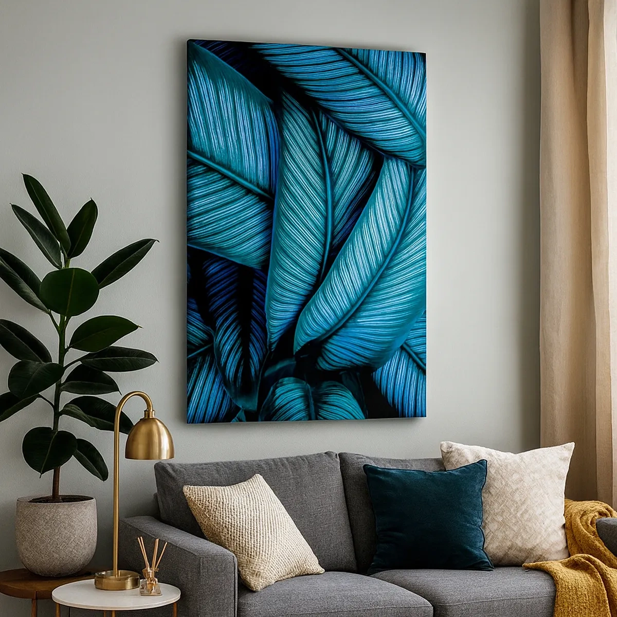 Impression sur toile - Image sur toile - Un gros plan de feuilles turquoise avec des détails vifs. - 50x70cm - Lignes de vie - Décoration murale moderne pour le salon et la chambre ARTTOR