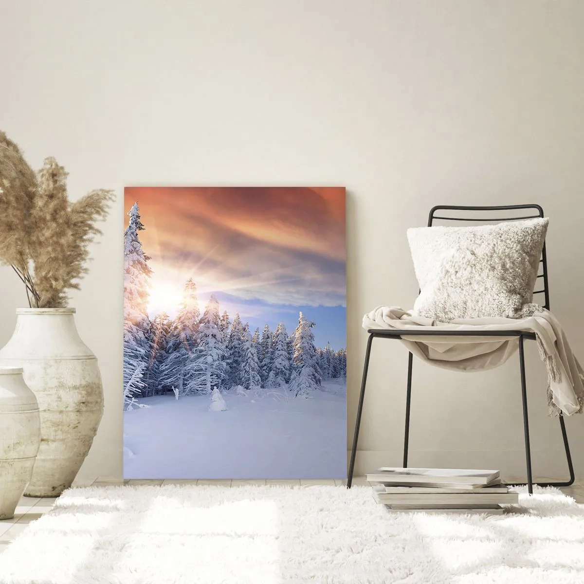 Impression sur verre - Image sur verre - Paysage d'hiver avec une forêt enneigée au coucher du soleil - 70x100cm - Un spectacle enneigé de la nature - Décoration murale moderne pour le salon et la chambre ARTTOR