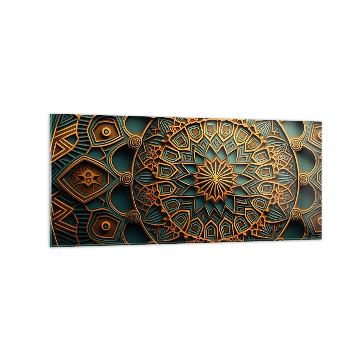 Impression sur verre - Image sur verre - Un mandala doré sur fond turquoise avec des détails riches. - 120x50cm - Dans une ambiance arabe - Décoration murale moderne pour le salon et la chambre ARTTOR