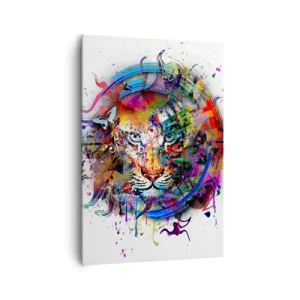 Impression sur toile - Image sur toile - Portrait coloré d'un lion dans un style abstrait - 70x100cm - Il se cache derrière un voile arc-en-ciel - Décoration murale moderne pour le salon et la chambre ARTTOR