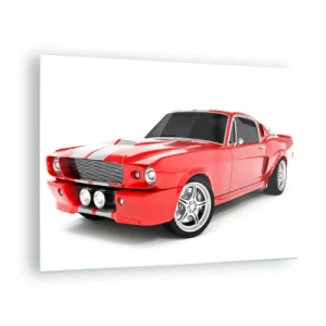 Impression sur verre - Image sur verre - Voiture de sport Mustang classique rouge - 70x50cm - Une Mustang aussi rapide que le vent - Décoration murale moderne pour le salon et la chambre ARTTOR