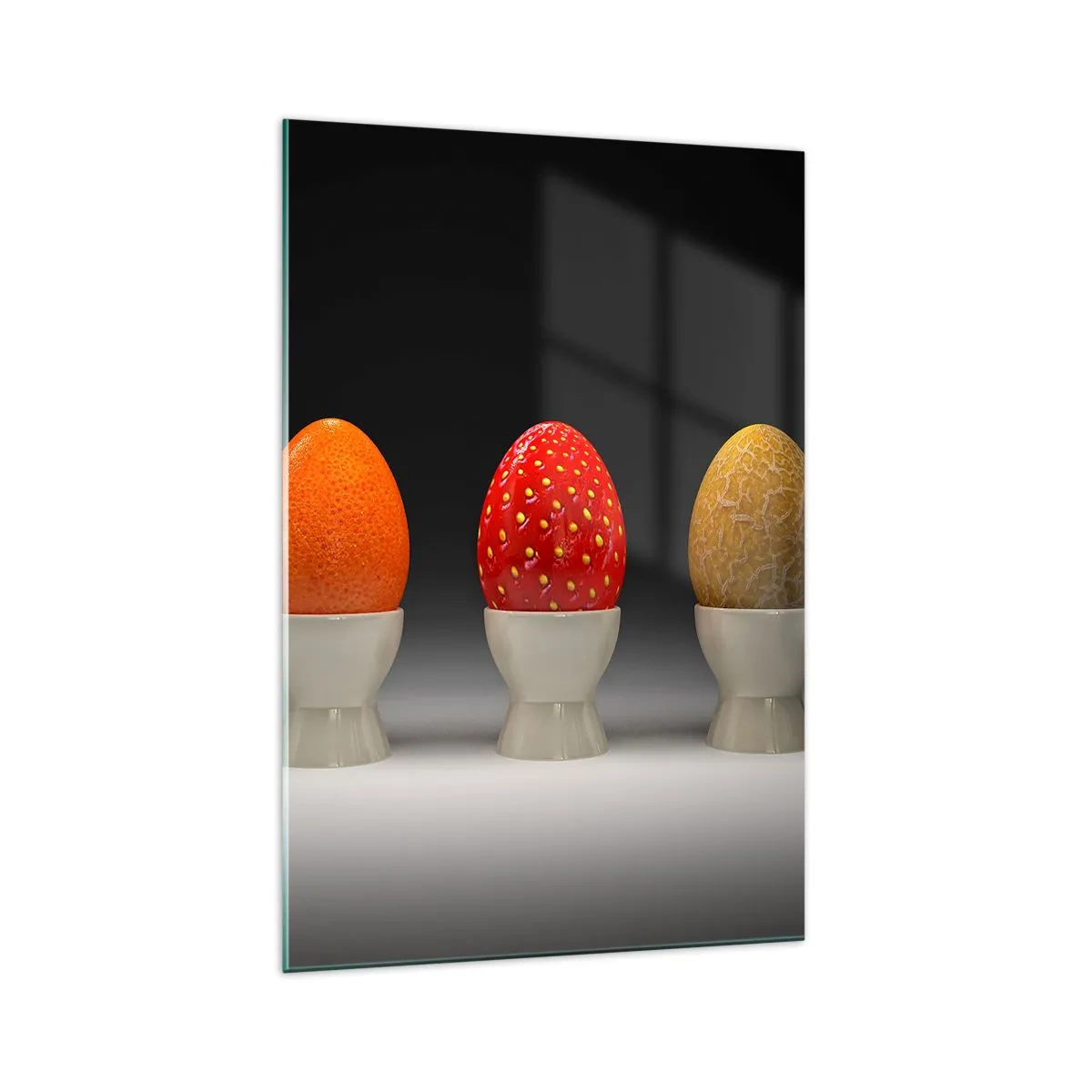 Impression sur verre - Image sur verre - Œufs colorés ressemblant à des fruits sur un fond sombre - 70x100cm - Petit-déjeuner fruité - Décoration murale moderne pour le salon et la chambre ARTTOR