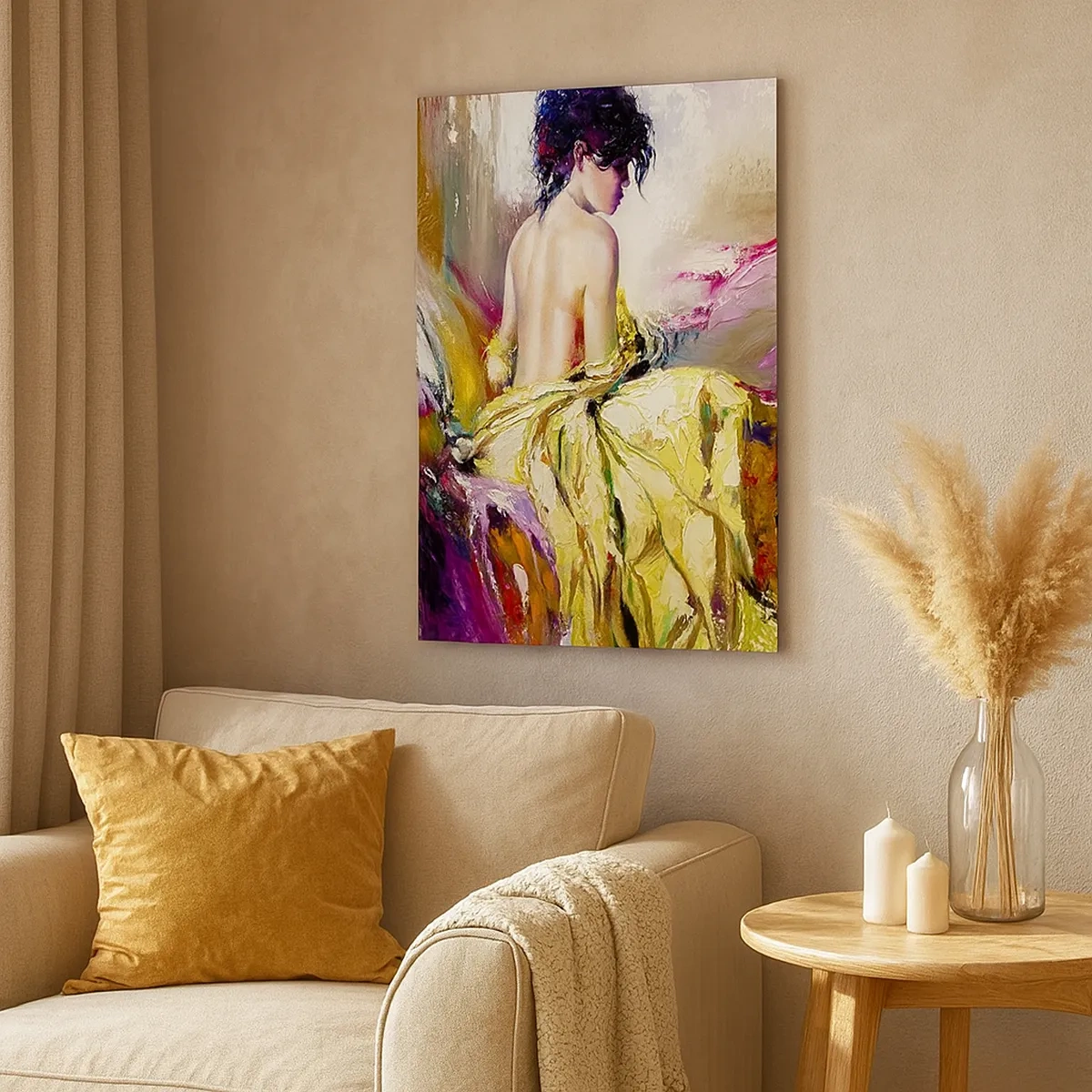 Impression sur toile - Image sur toile - Une scène picturale d'une femme sur un lit dans une atmosphère romantique - 50x70cm - Entre les lèvres et le bord de la tasse - Décoration murale moderne pour le salon et la chambre ARTTOR