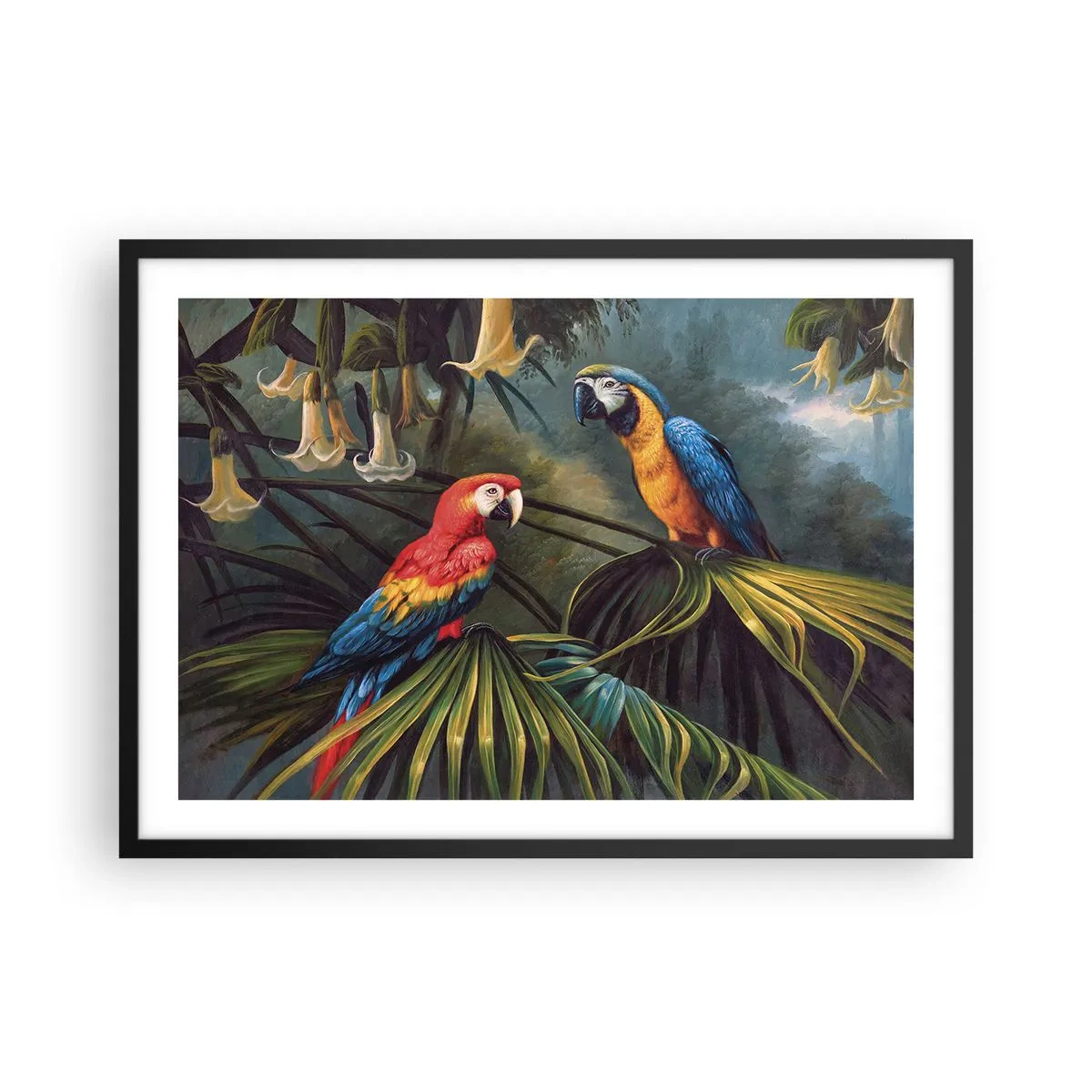 Affiche dans un cadre noir - Poster - Perroquets dans une forêt tropicale avec des fleurs exotiques en arrière-plan - 70x50cm - Romantisme dans les tropiques - Décoration murale moderne pour le salon et la chambre ARTTOR