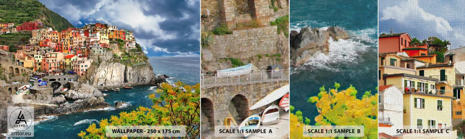 Échantillon de Papier Peint Premium Canvas - Un groupe embrassant les rochers - Paysage, Architecture, Italie - 100x30 cm