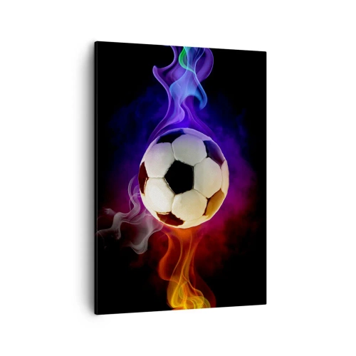 Impression sur toile - Image sur toile - Un ballon de football entouré d'effets de fumée colorés sur un fond sombre. - 50x70cm - Le pouvoir magique du jeu - Décoration murale moderne pour le salon et la chambre ARTTOR