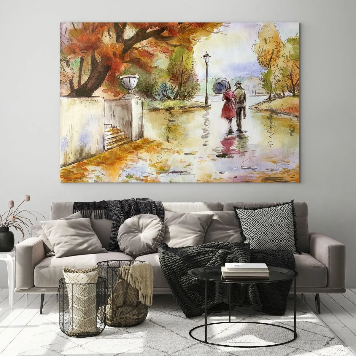 Impression sur verre - Image sur verre - Promenade d'automne d'un couple dans un parc aux feuilles colorées - 70x50cm - Automne romantique dans le parc - Décoration murale moderne pour le salon et la chambre ARTTOR