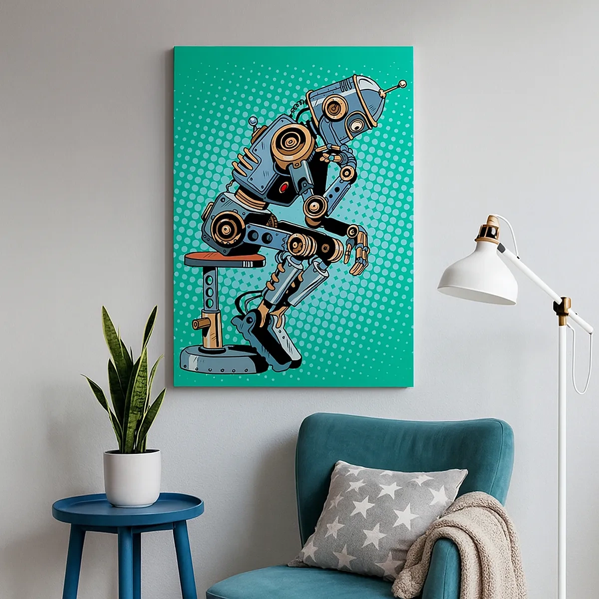 Impression sur toile - Image sur toile - Robot penseur de style pop art sur fond vert - 50x70cm - Au-dessus de l'essence de l'être - Décoration murale moderne pour le salon et la chambre ARTTOR