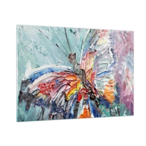 Impression sur verre - Image sur verre - Papillon coloré dans un style abstrait sur fond bleu - 100x70cm - Peint par nature - Décoration murale moderne pour le salon et la chambre ARTTOR