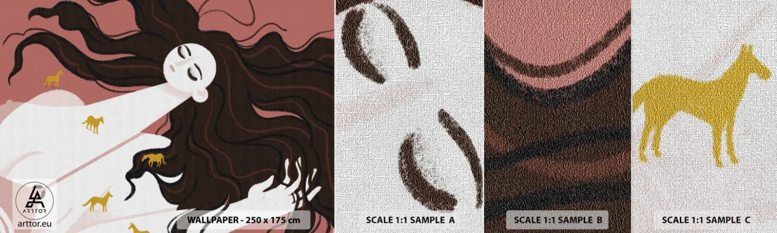 Échantillon de Papier Peint Premium Canvas - Rêve d'un cheval d'or - Femme, Portrait, Minimalisme - 100x30 cm