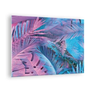 Impression sur verre - Image sur verre - Feuilles tropicales dans des tons de rose et de bleu sur un fond néon - 70x50cm - Les tropiques en rose et bleu - Décoration murale moderne pour le salon et la chambre ARTTOR