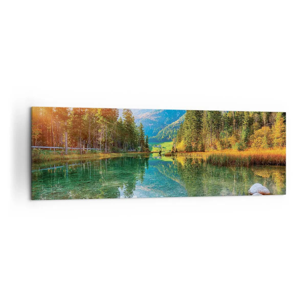 Impression sur toile - Image sur toile - Un lac pittoresque entouré de montagnes et de forêts - 160x50cm - Douceur automnale - Décoration murale moderne pour le salon et la chambre ARTTOR
