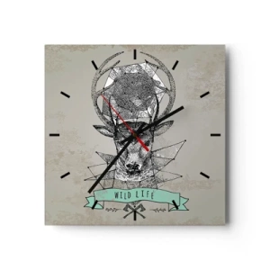 Horloge murale - Pendule murale - Géométrie de cerf de style vintage avec lettrage Wild Life - 30x30cm - Voir St. Hubertus - Décoration murale moderne pour le salon et la chambre ARTTOR