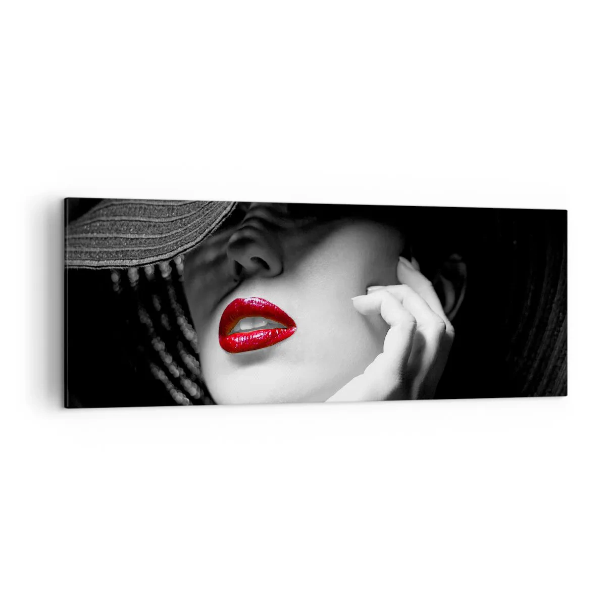 Impression sur toile - Image sur toile - Portrait noir et blanc d'une femme aux lèvres rouges - 140x50cm - Étude écarlate - Décoration murale moderne pour le salon et la chambre ARTTOR