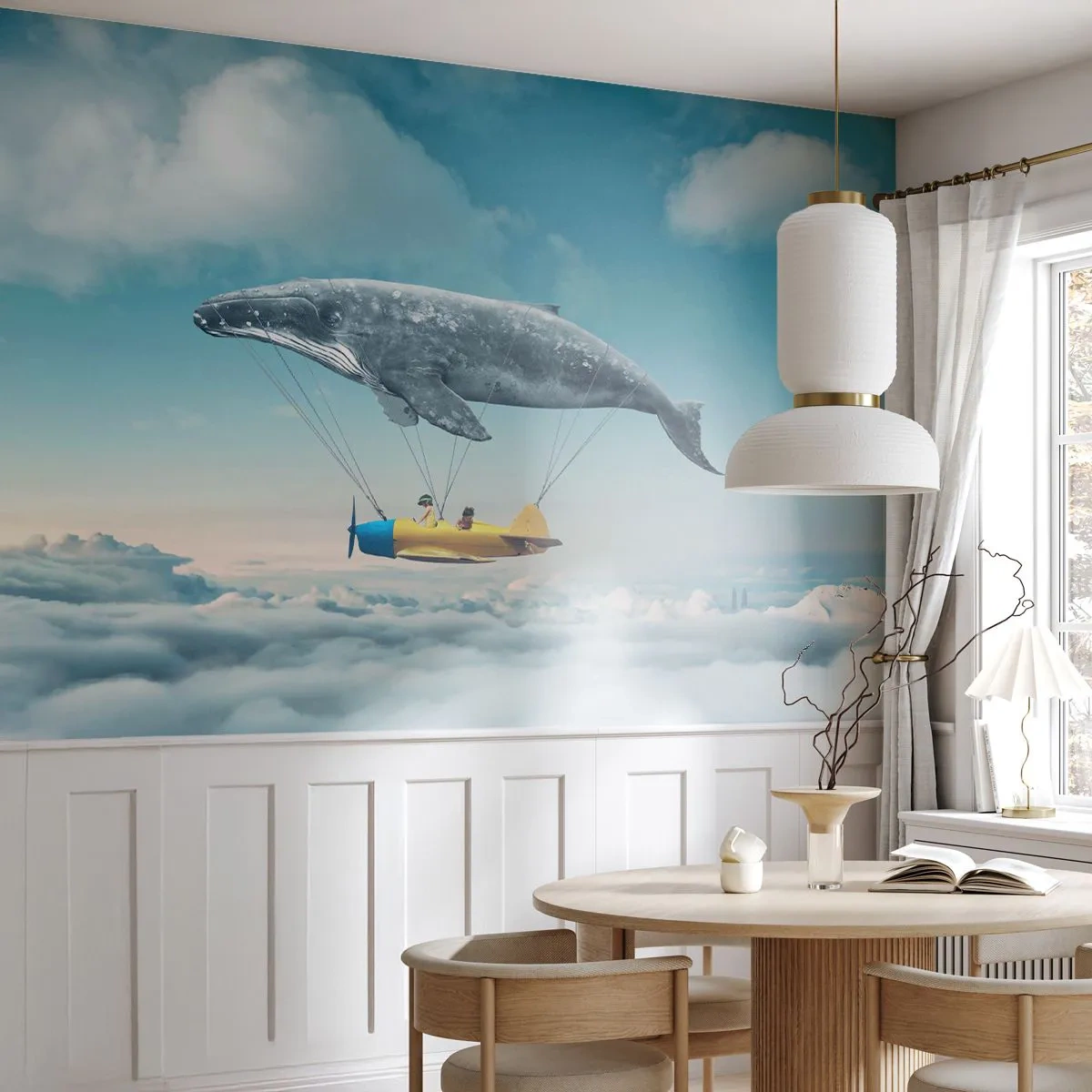 Papier Peint Photo Standard Eco - Une baleine volante soulevant un avion au-dessus des nuages - 100x70cm - Pourquoi pas? - Décoration murale moderne pour le salon et la chambre ARTTOR