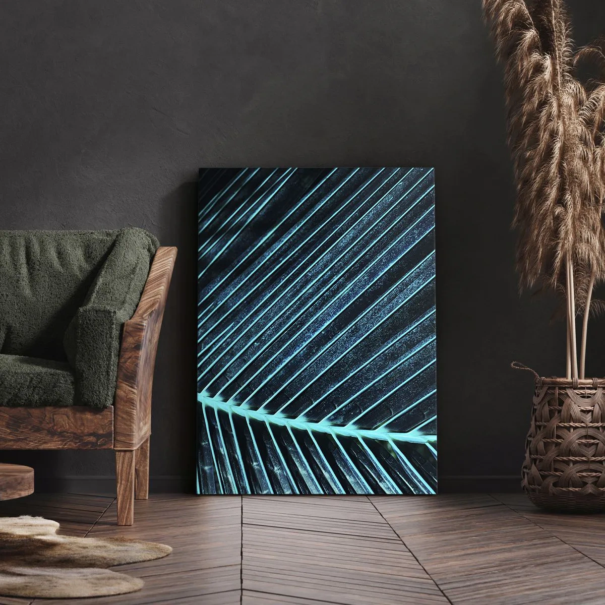 Impression sur toile - Image sur toile - Macrophotographie d'une feuille dans les tons turquoise et bleu marine - 50x70cm - Texture verte - Décoration murale moderne pour le salon et la chambre ARTTOR