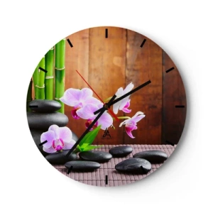 Horloge murale - Pendule murale - Orchidées violettes avec bambou et pierres - 30x30cm - Rencontrez les plaisirs de l'est - Décoration murale moderne pour le salon, la cuisine et la chambre ARTTOR