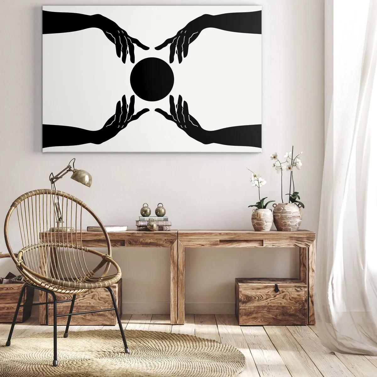 Impression sur toile - Image sur toile - Mains noires dans une composition symétrique avec une boule - 70x50cm - Signe secret - Décoration murale moderne pour le salon et la chambre ARTTOR